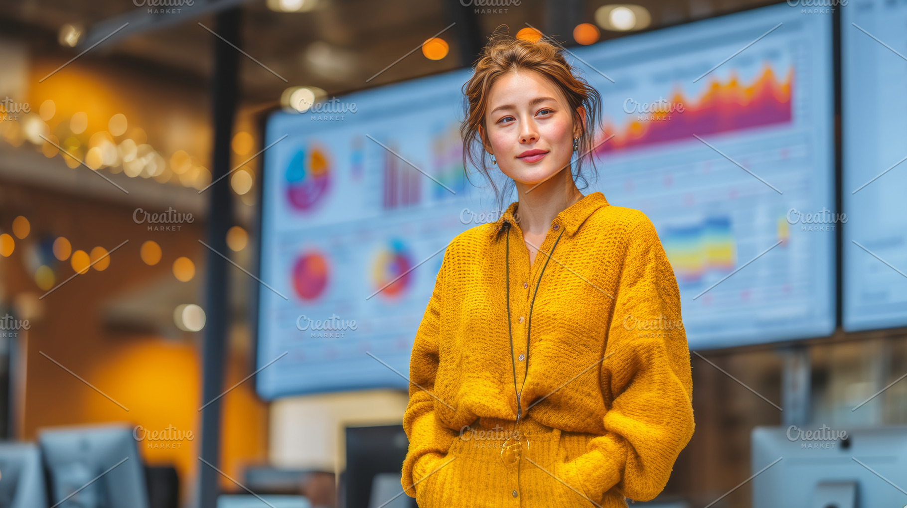 Confident professional standing in an office with data dashboards in background, a Business Photo by AS photostudio