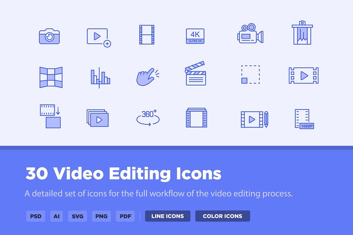 30 Video Editing Icons, an Outline Icon by Creative VIP (Photo 1 of 5)