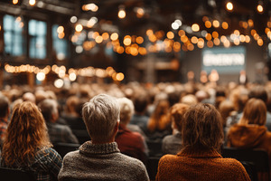 Audience attending a presentation in a warmly lit indoor conference setting, a Business Photo by AS photostudio