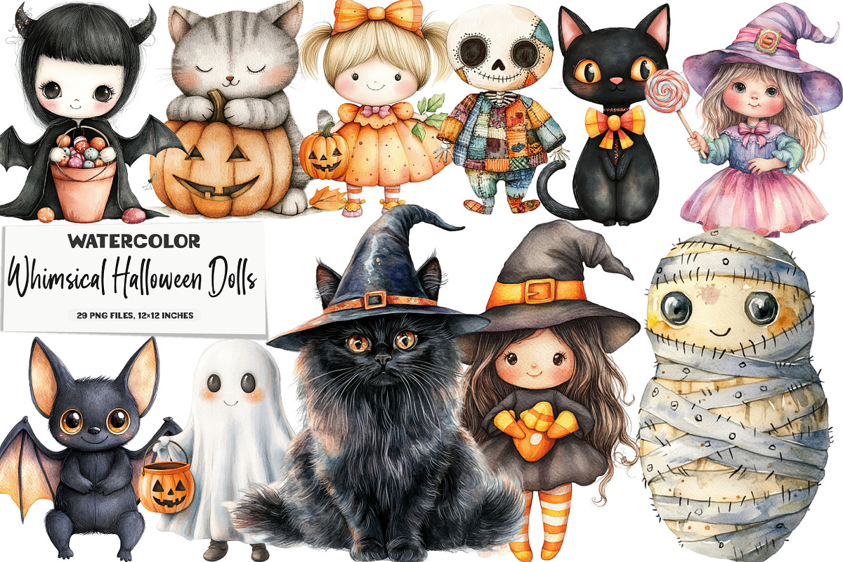 Whimsical Halloween Dolls Clipart, an Illustration by DreamArtGraphic (Photo 1 of 5)