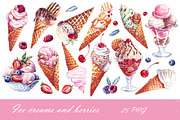 Watercolor ice creams, berries, PNG, a Food Illustration by Alena Kurian (Thumbnail 2 of 2)