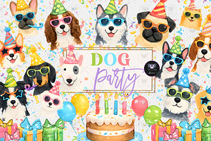 Dog Party Clipart Watercolor, an Animal Illustration by BigCakeBee