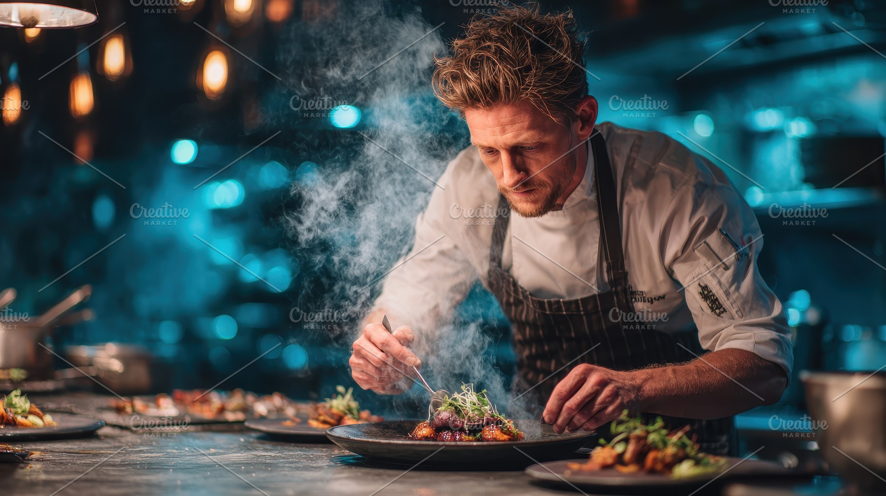 Chef plating gourmet dish smoky kitc, a Photo by Pixeness Studio