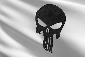 Punisher Skull flag blowing in the wind. 3D rendering illustrati