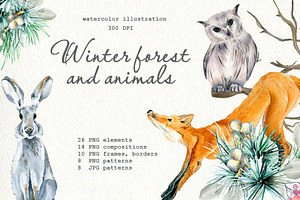 Winter forest animals watercolor set