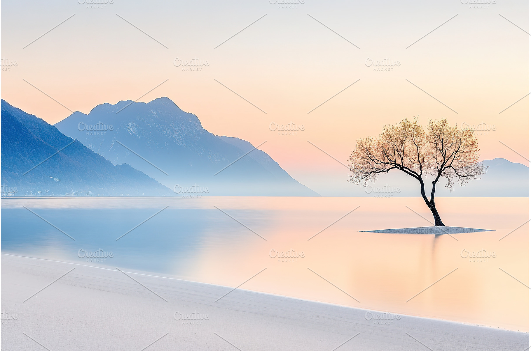 Lone Tree on an Island with Mountain, a Nature Photo by Lermont51