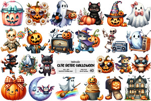 Cute Retro Halloween Clipart, an Illustration by Pixels.Craft