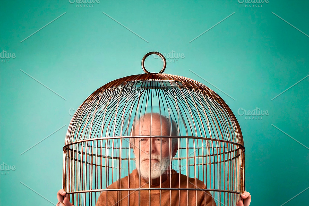 Elderly man in cage digital illustration, a Person Illustration by DanFLCreativo