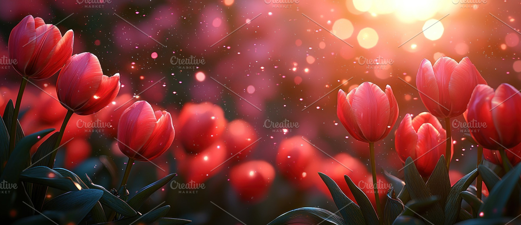 Red tulips glowing in golden sunset light with floating particle, a Nature Photo by José Manuel Gelpi