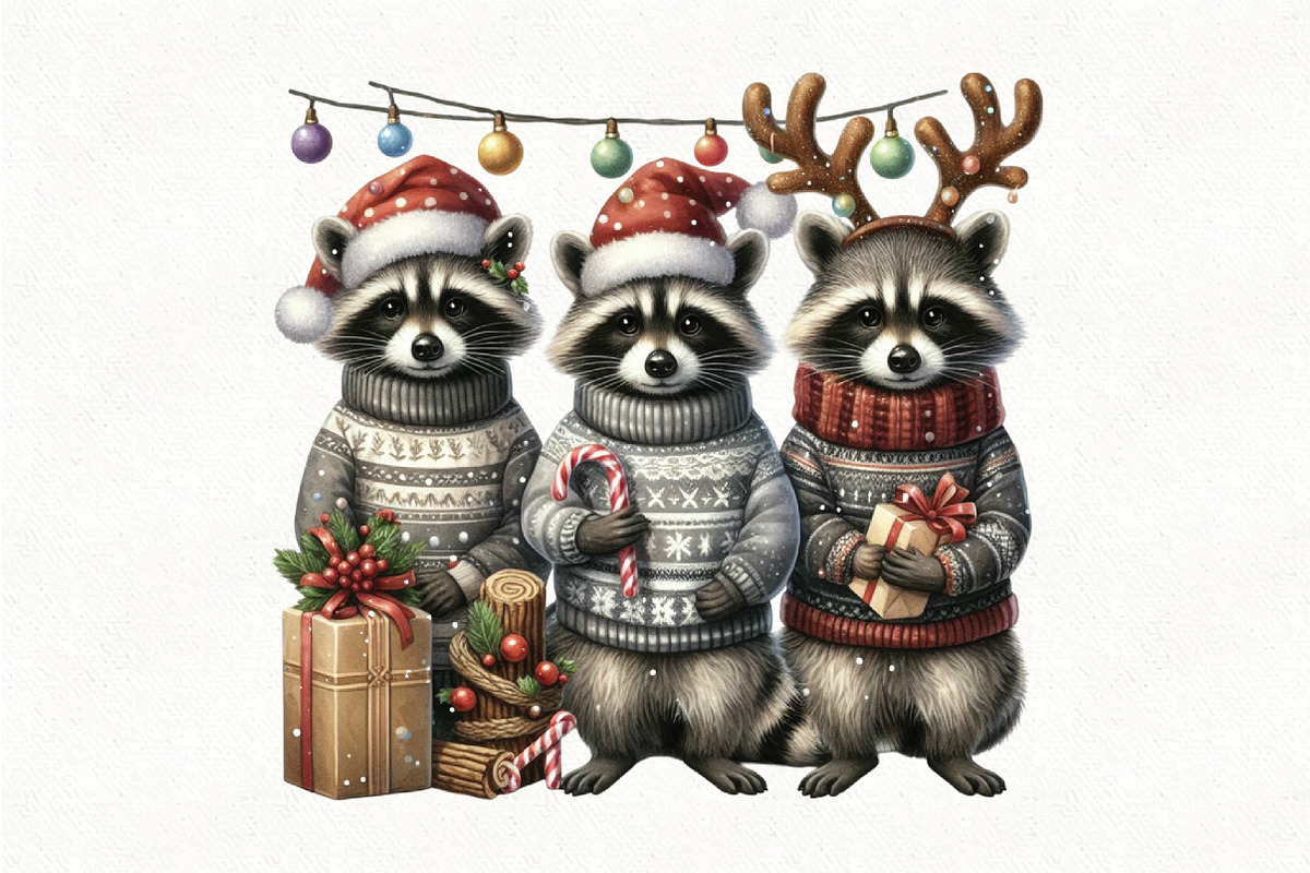 Raccoon Elf Trio Christmas PNG, an Illustration by CraftArtStudio (Photo 1 of 4)