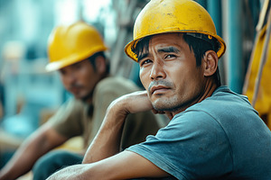 A construction worker smiles warmly while wearing a hard hat and safety vest on, a Person Photo by AlyaAnd