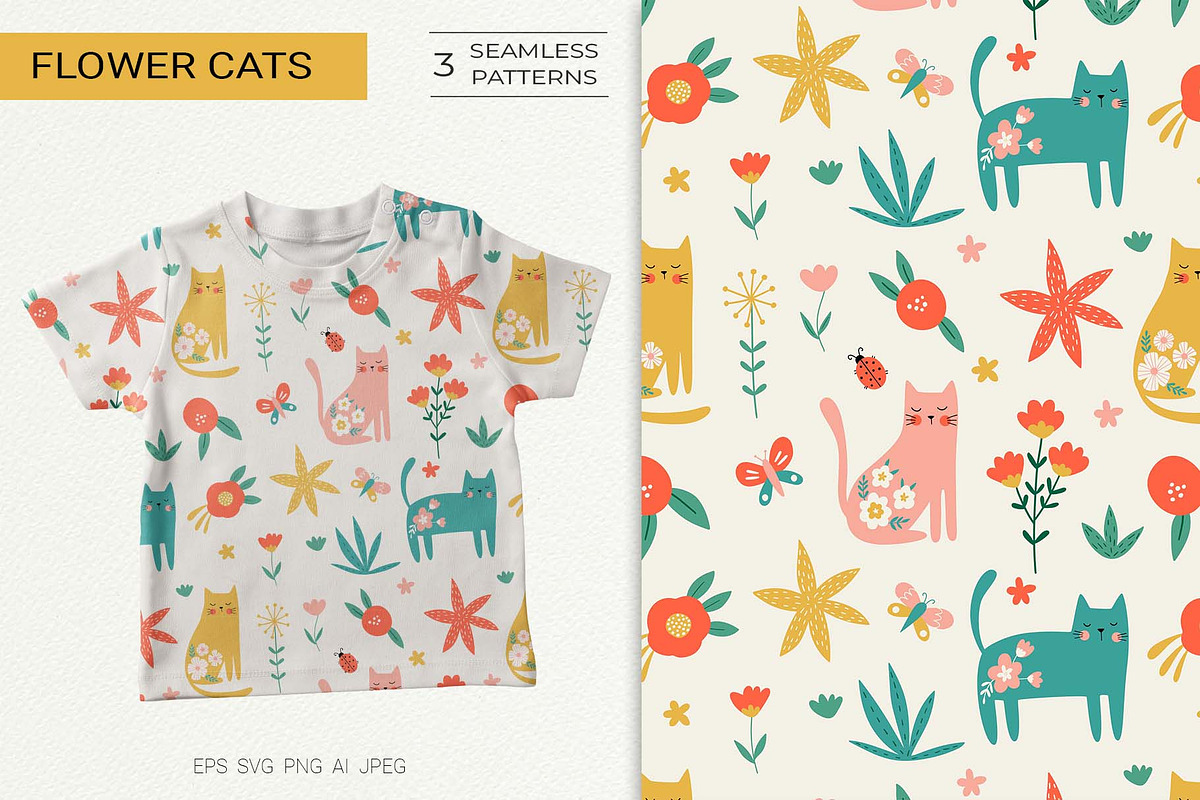 Floral Cats Seamless Patterns, a Pattern Graphic by Irina Ostapenko (Photo 1 of 4)