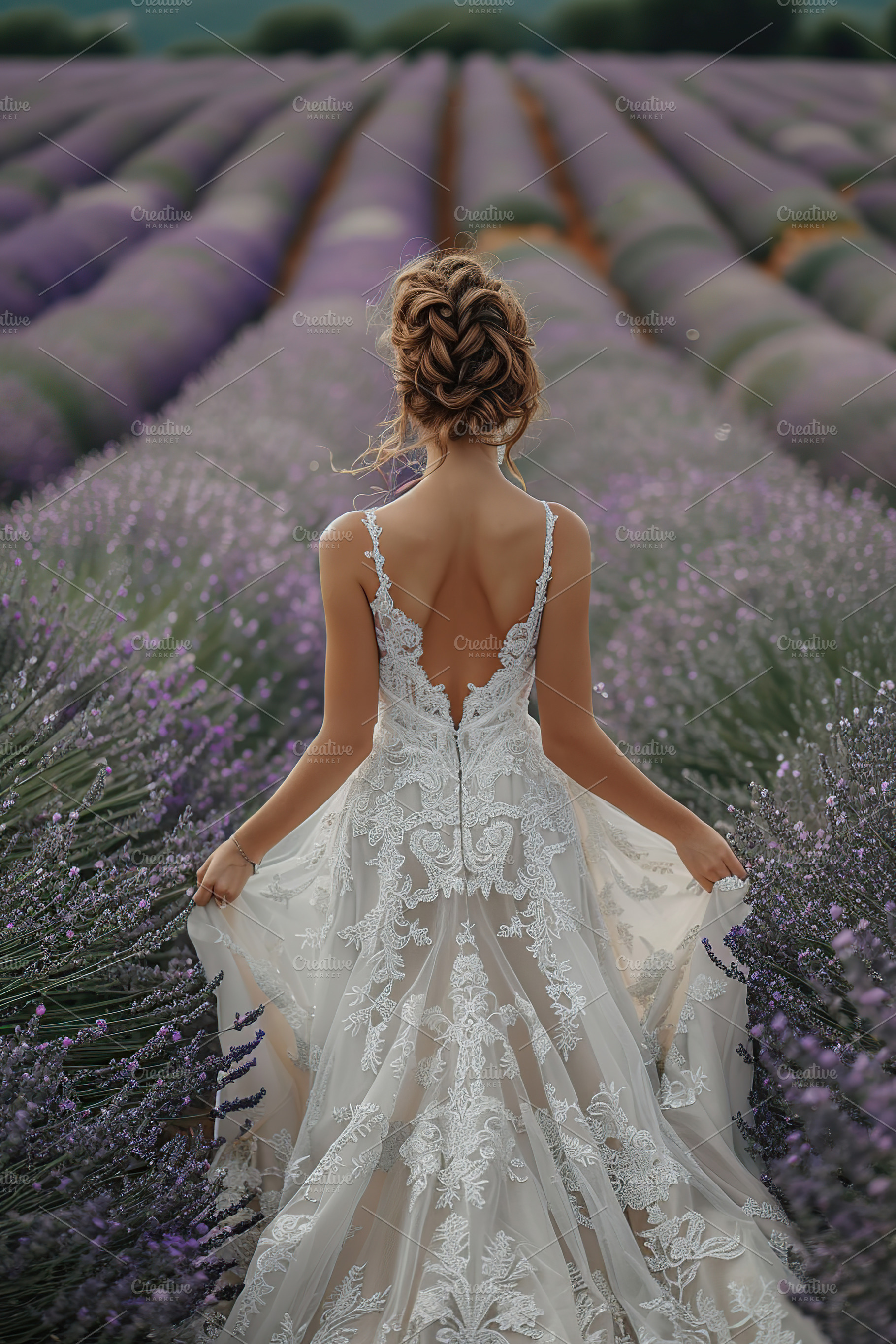 Back view of bride in white wedding dress walking on lavender fi, a Person Photo by AlyaAnd
