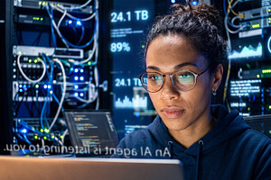 Young mixed race female (mulatto) IT specialist working on lapto