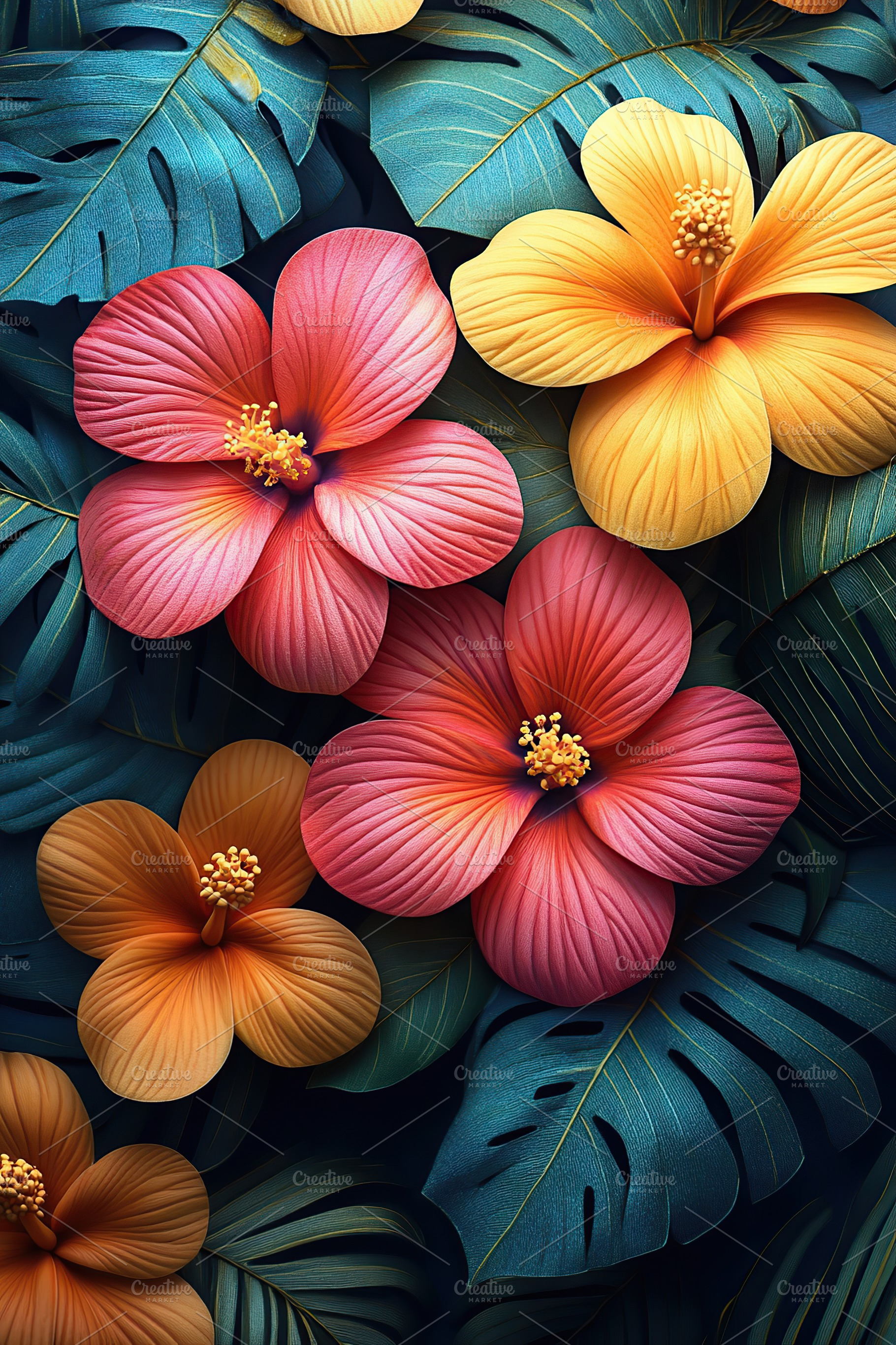 Bright tropical flowers and lush leaves create a vibrant and colorful display i, a Nature Photo by AlyaAnd