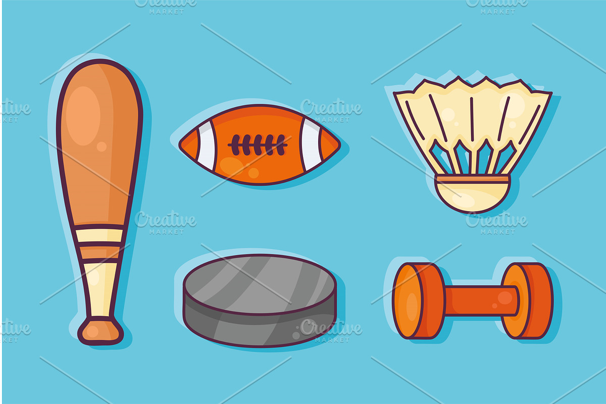 five sports equipment icons, a Sport Illustration by studiogstock