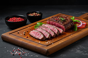 Medium-rare sliced steak served on a, a Food & Drink Photo by professorinc