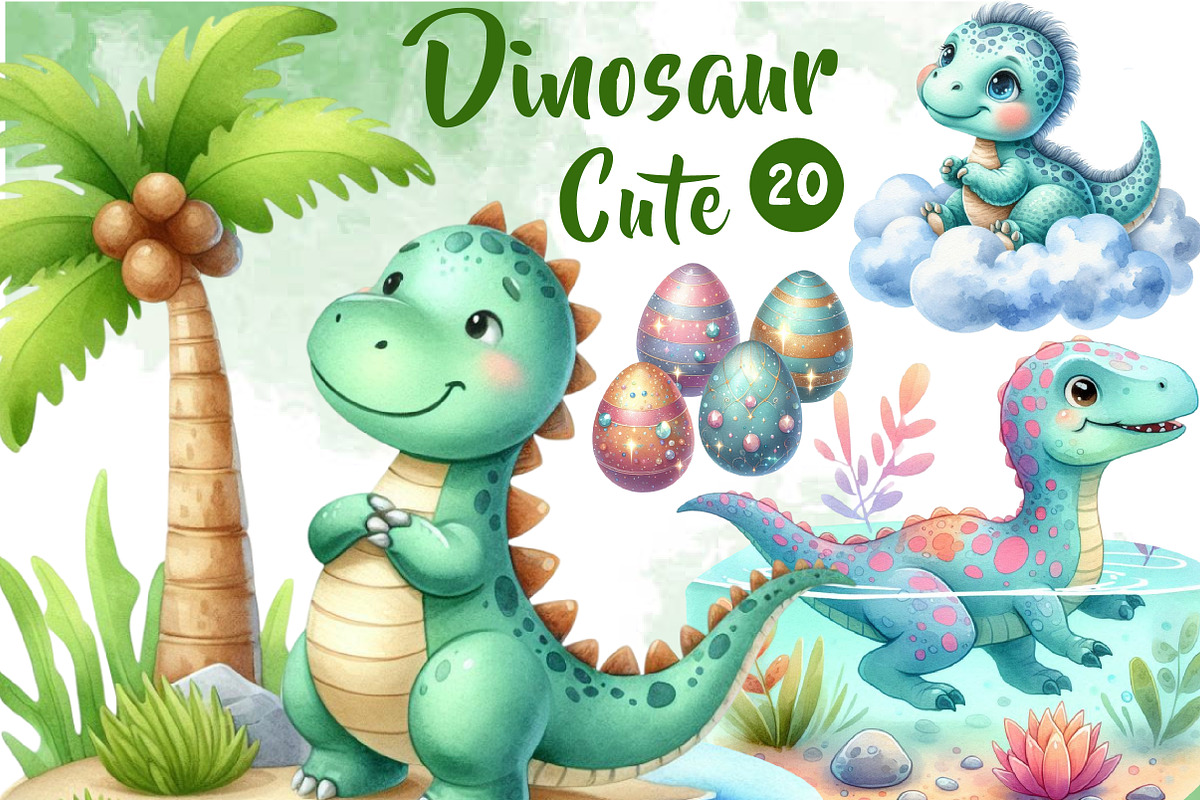Cute Dinosaur Birthday Watercolor, an Illustration by CreationArt (Photo 1 of 4)