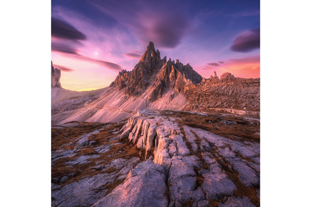 Alpine mountains and pink sky at, a Nature Photo by den-belitsky