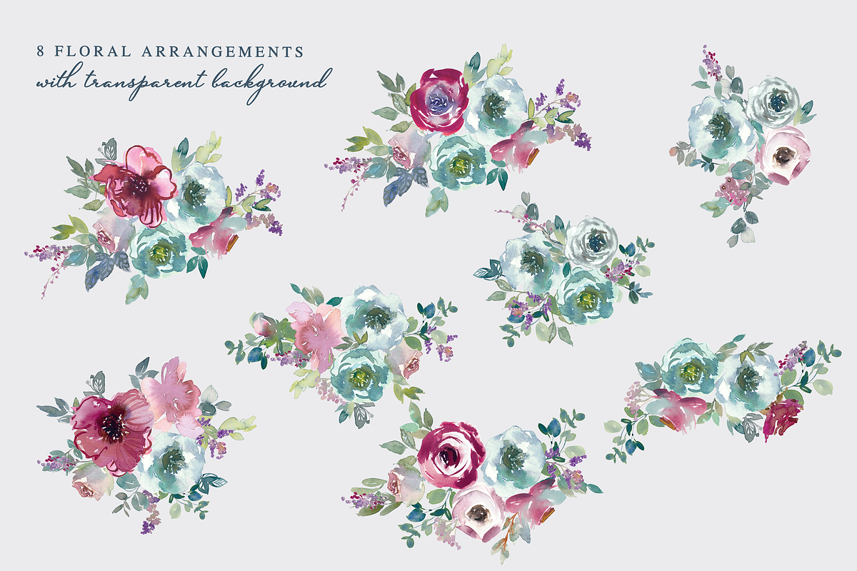 Mint & Mauve Watercolor Floral Set, a Decorative Illustration by ...