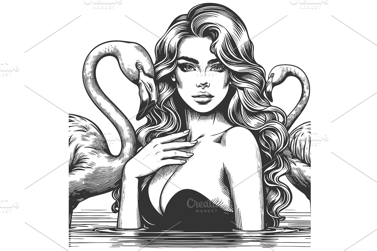Glamorous woman with flamingos, an Animal Illustration by AlexArt