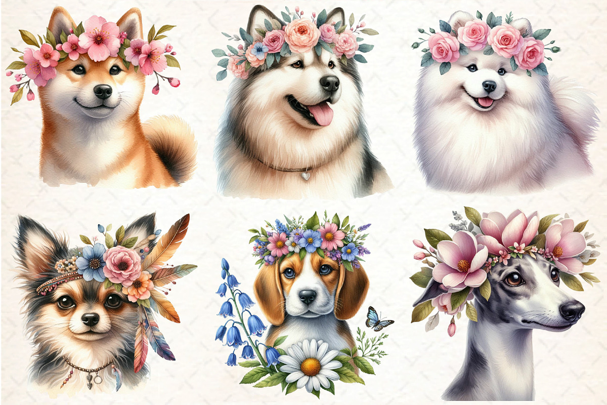 Watercolor Dog with Flower Crowns, an Animal Illustration by DreamCafeArt (Photo 2 of 5)