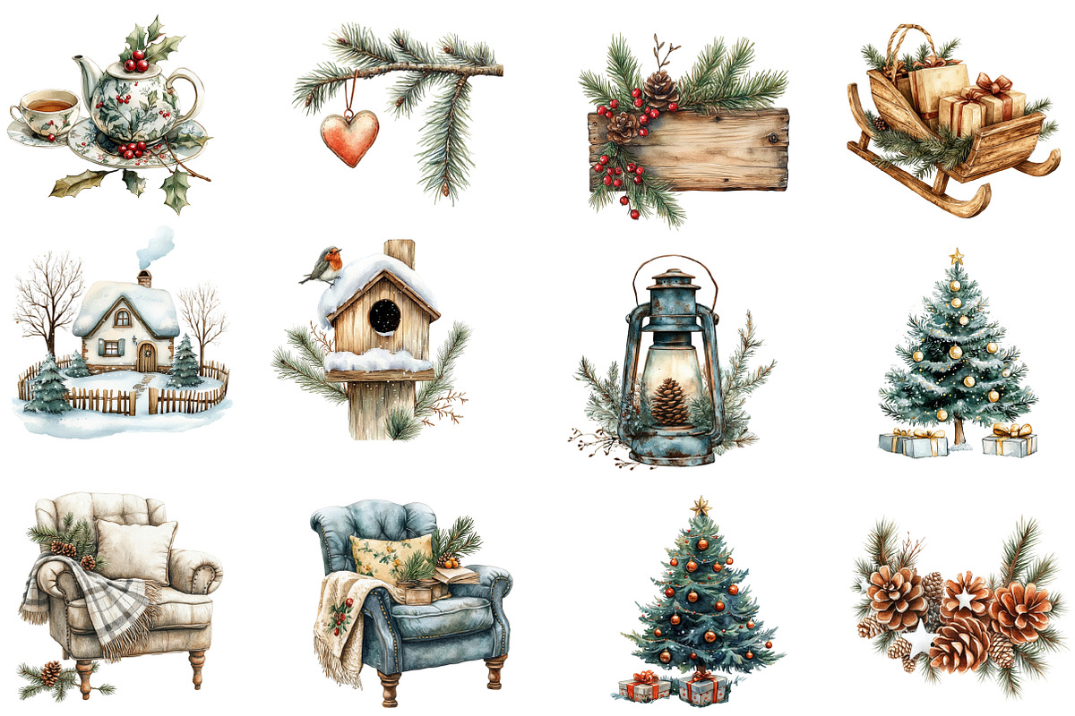 Rustic Christmas Watercolor Clipart, an Illustration by Designworld (Photo 2 of 5)