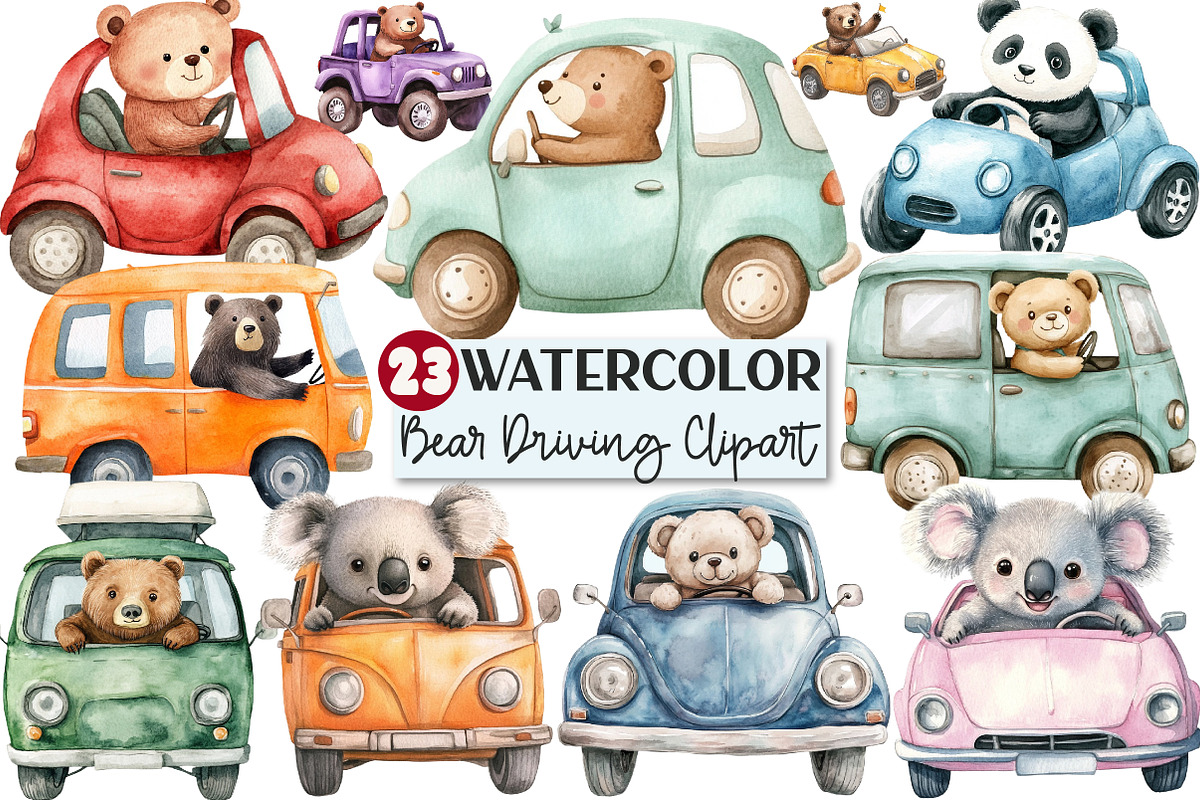 Watercolor Bear Driving Clipart, an Illustration by Rose Art (Photo 1 of 3)