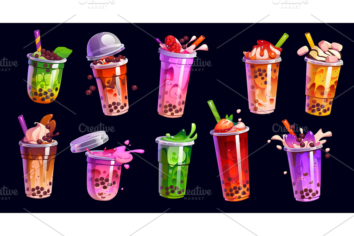 Cartoon milk bubble tea glasses, a Food Illustration by Vector Tradition