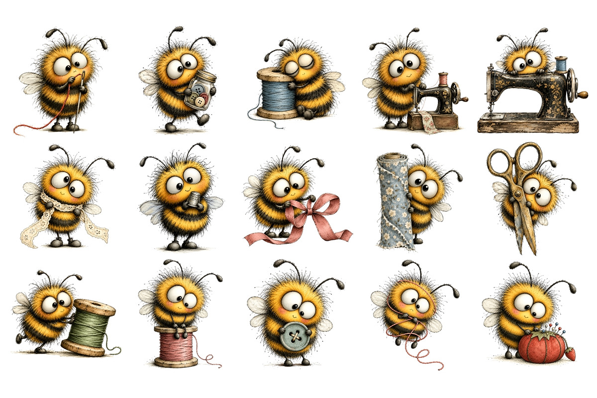 Whimsical Sewing Bees Clipart, a Decorative Illustration by Nicolle's Colorful Art (Photo 2 of 6)