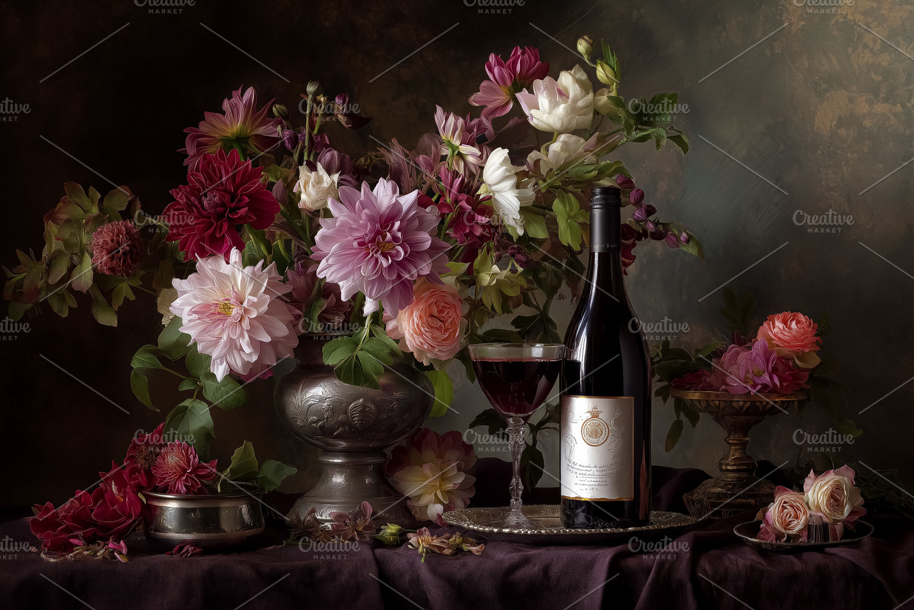 Still life with a full vase of colorful dahlias, roses, and other flowers next, a Food & Drink Photo by Studio ANNA
