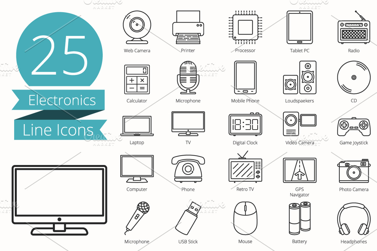 25 Electronics Line Icons, an Outline Icon by PixMarket