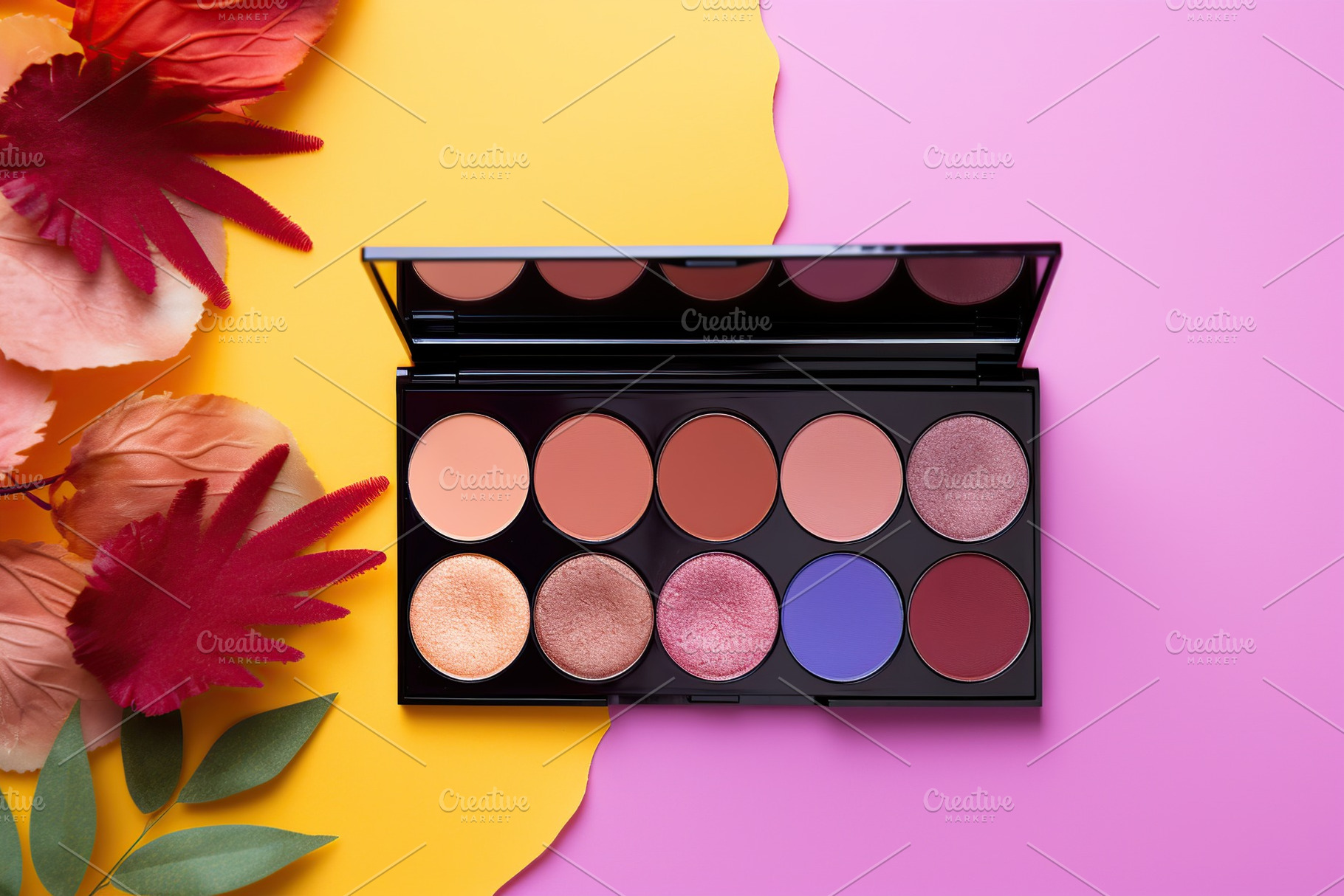 Makeup eyeshadow palette with mirror on colorful background. Cosmetic products, a Beauty & Fashion Photo by AlyaAnd