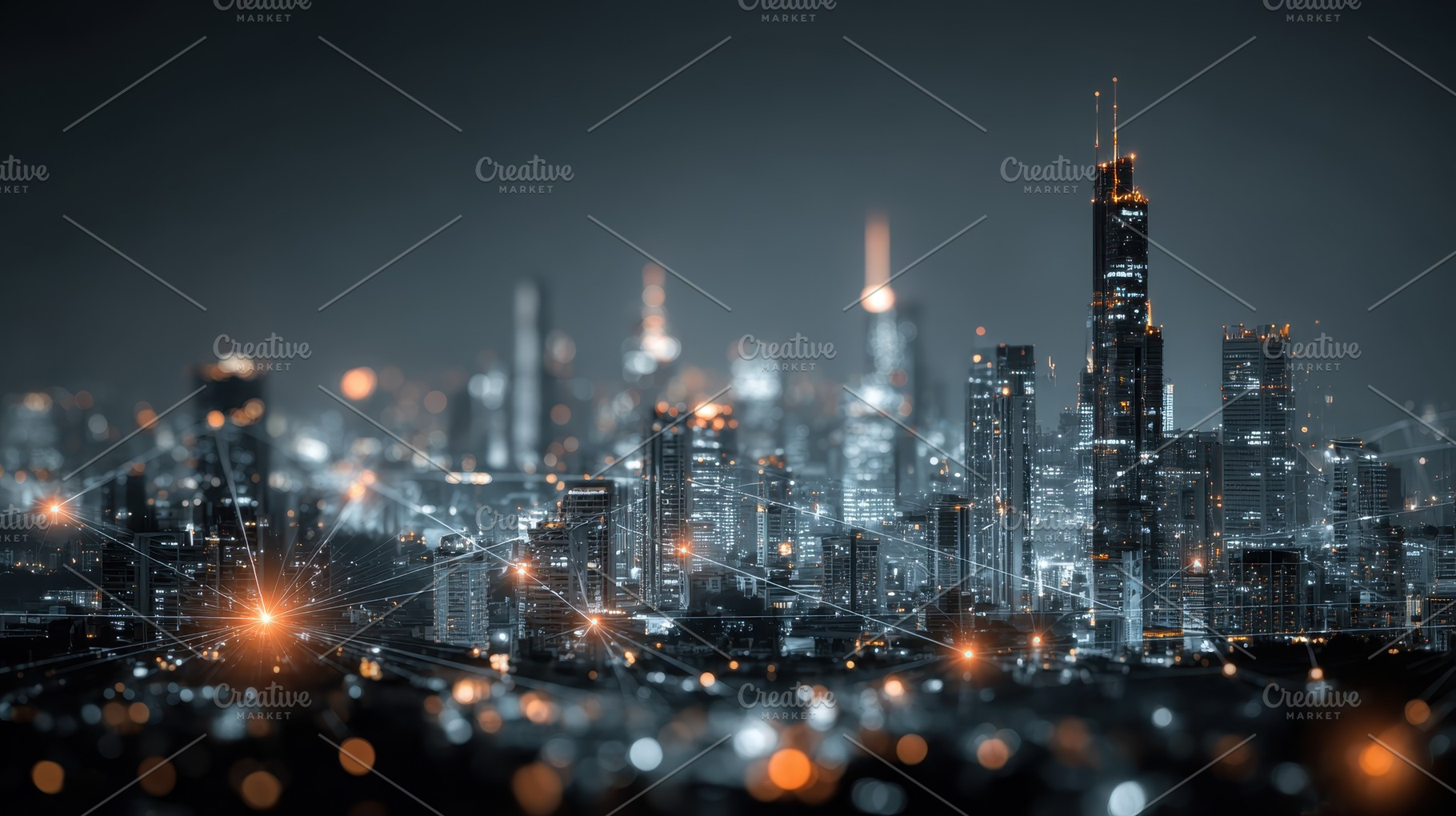 Night cityscape illuminated skyscrap, a Photo by Pixeness Studio