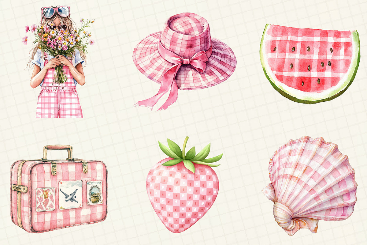 Pink Gingham Summer Clipart, an Illustration by OK Design (Photo 4 of 5)