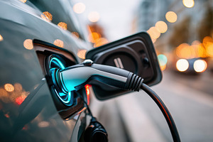 Electric car charging at a charging station, a Transportation Photo by AlyaAnd