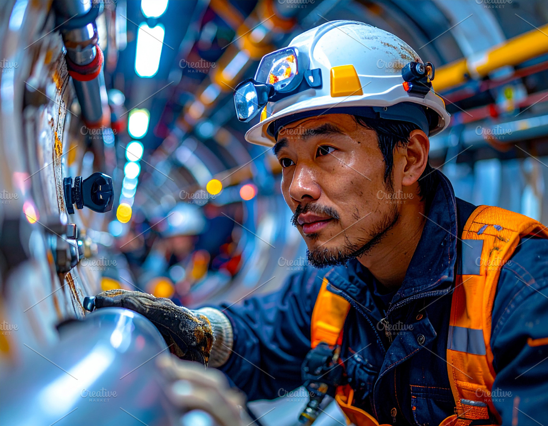Plumbers examine piping system inside a tight technical shaft, an Industrial Photo by DanFLCreativo