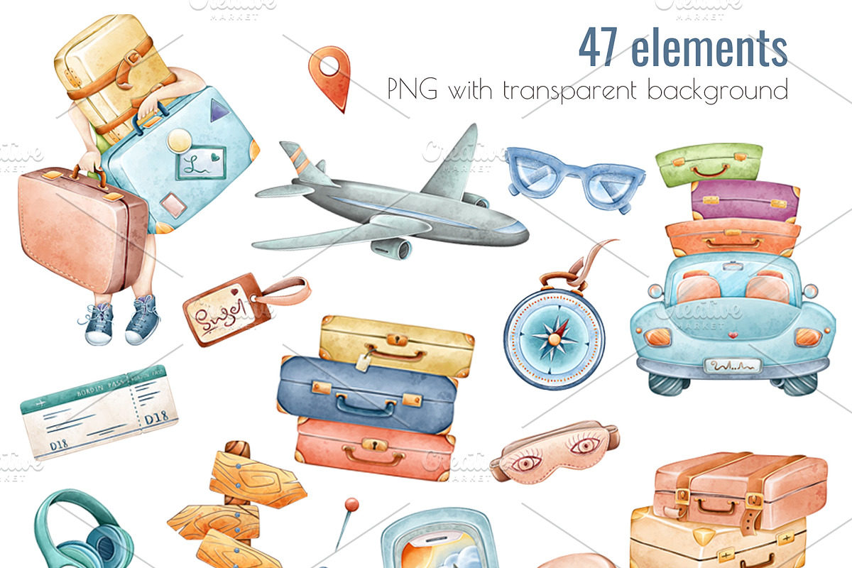 Watercolor Travel Clipart PNG Set, a Seasonal Illustration by Mespilia (Photo 2 of 5)