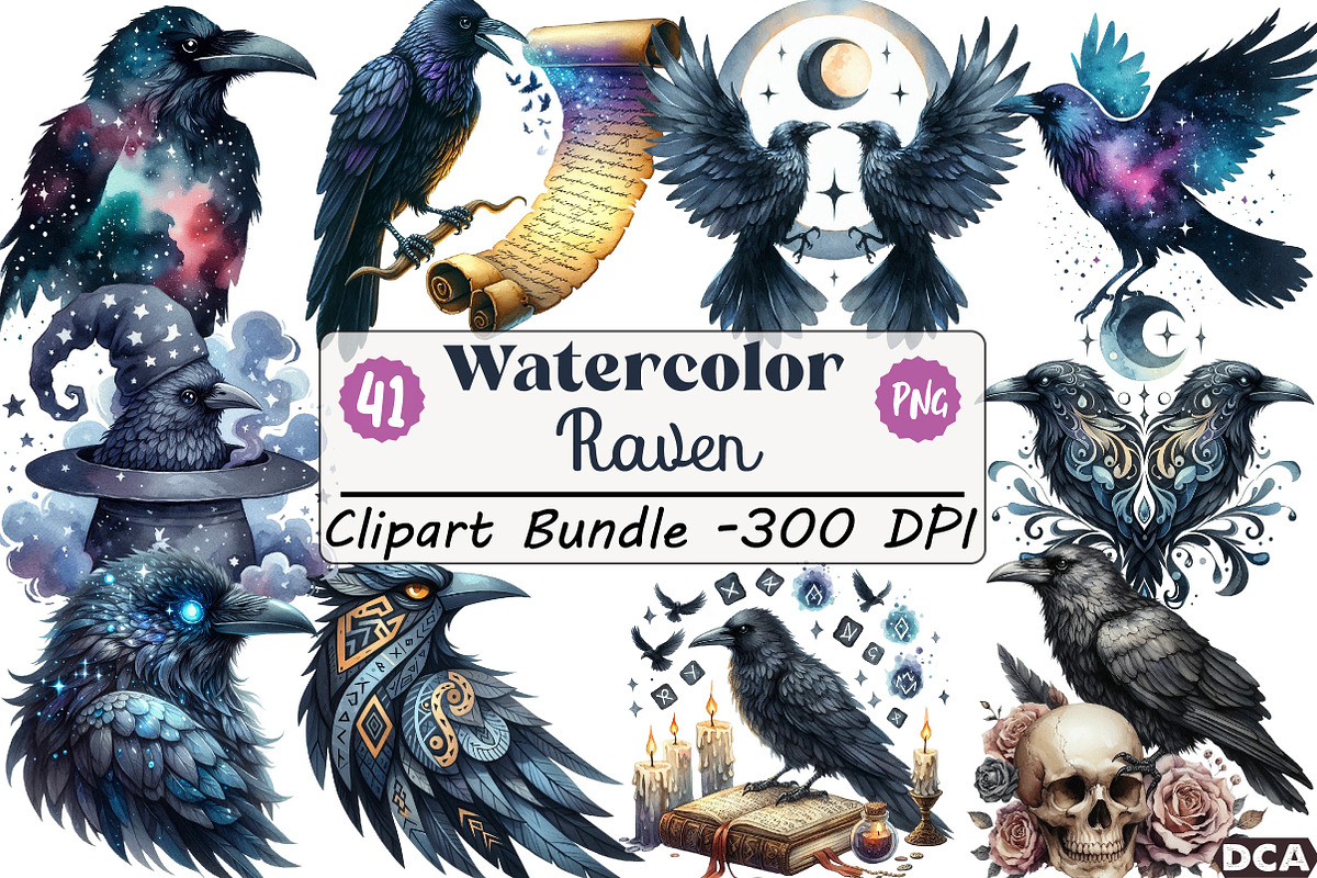 Watercolor Raven Clipart, an Illustration by DreamCafeArt (Photo 1 of 7)