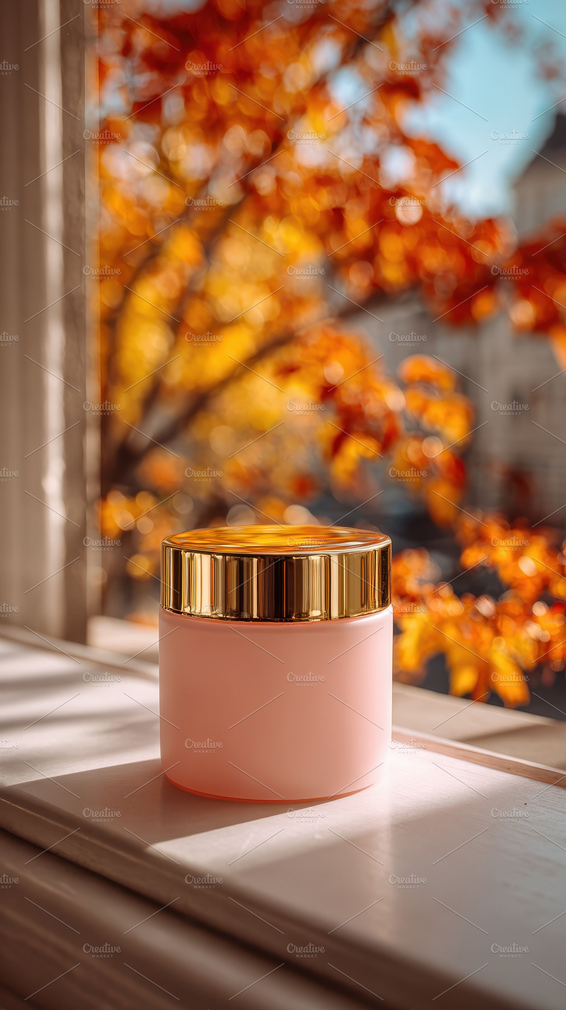 Pink cream jar autumn window view be, a Photo by Pixeness Studio