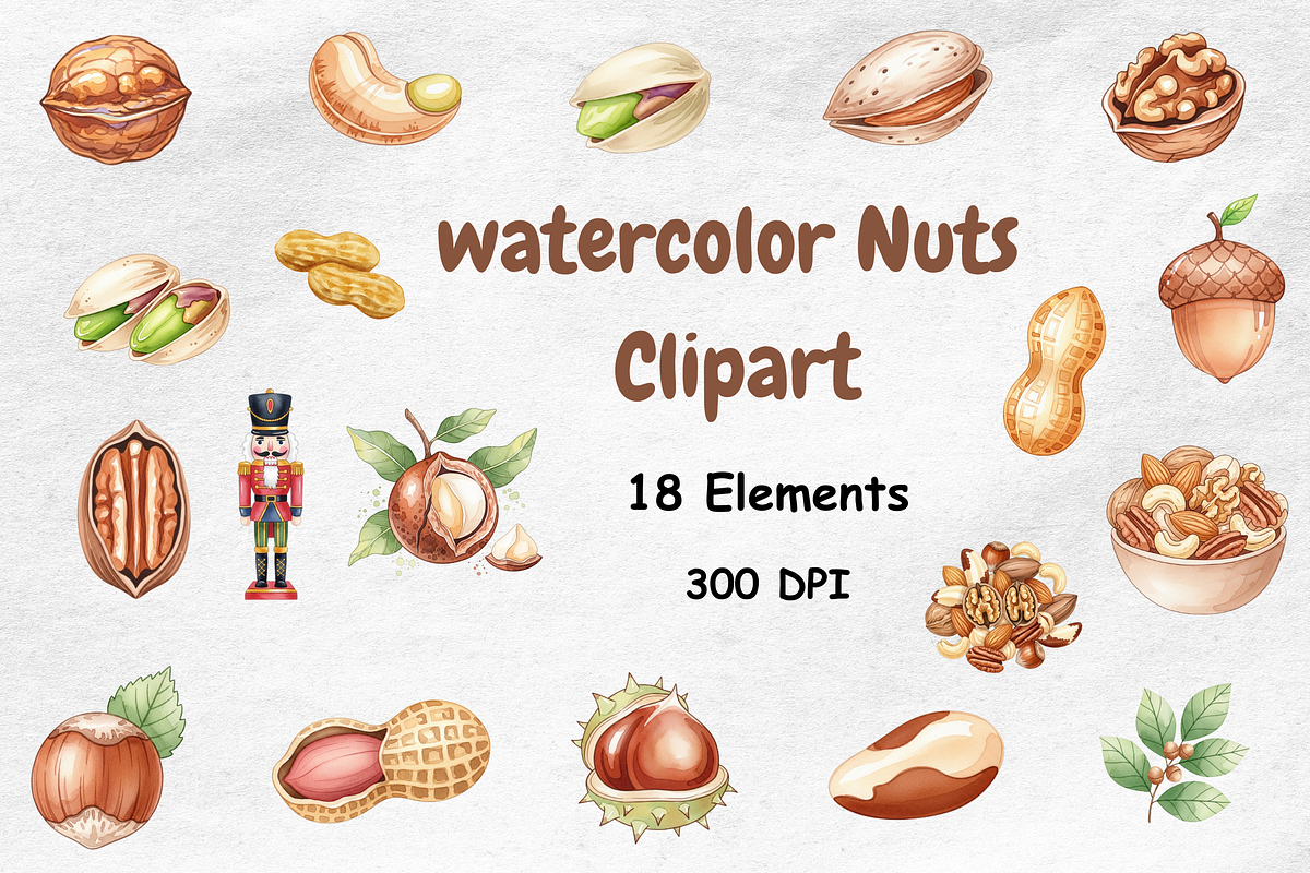 Watercolor Nuts Clipart, a Food Illustration by BerryPieArt (Photo 1 of 4)