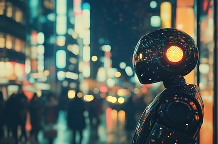 A futuristic robot stands in a vibrant cityscape at night, illuminated by color, a Person Photo by Textures & Backgrounds