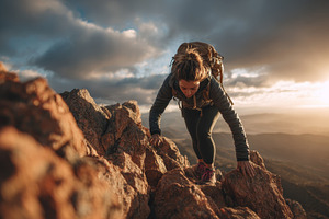 Woman hiker climbing mountain peak s, a Photo by Pixeness Studio