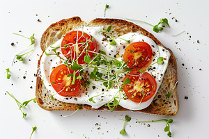 Sandwich with cream cheese, microgreens and tomatoes on white background, a Food & Drink Photo by AlyaAnd