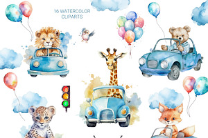 Watercolor Animals And Cars Cliparts