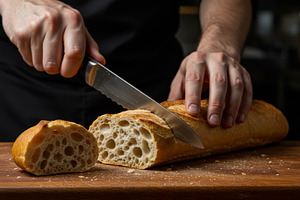 Man slicing a crusty baguette on a w, a Food & Drink Photo by professorinc