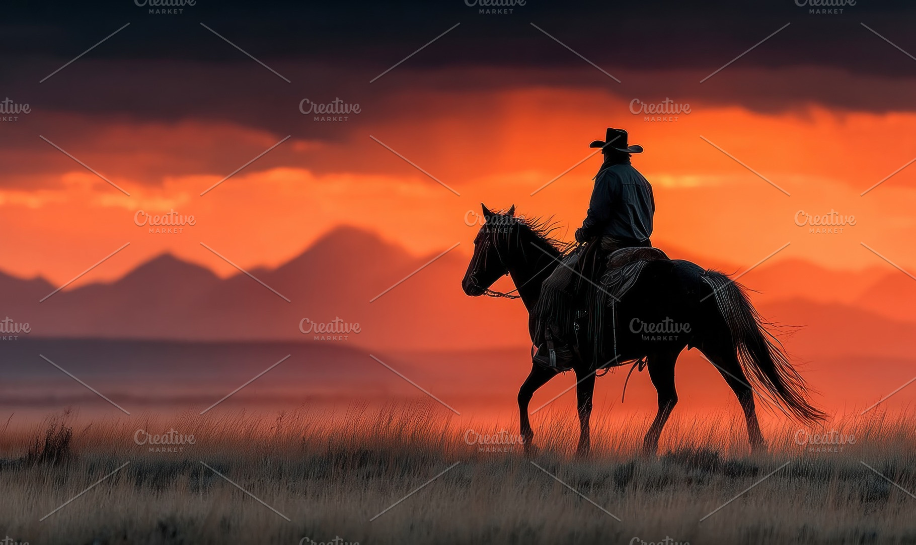 Cowboy riding horse through open prairie at dramatic sunset with, a Person Photo by José Manuel Gelpi