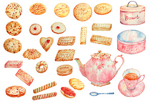 Watercolor Biscuits And Tea Pot Set