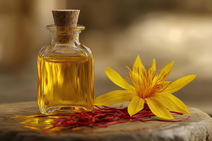 Saffron oil in a glass bottle beside, a Photo by Tanuart