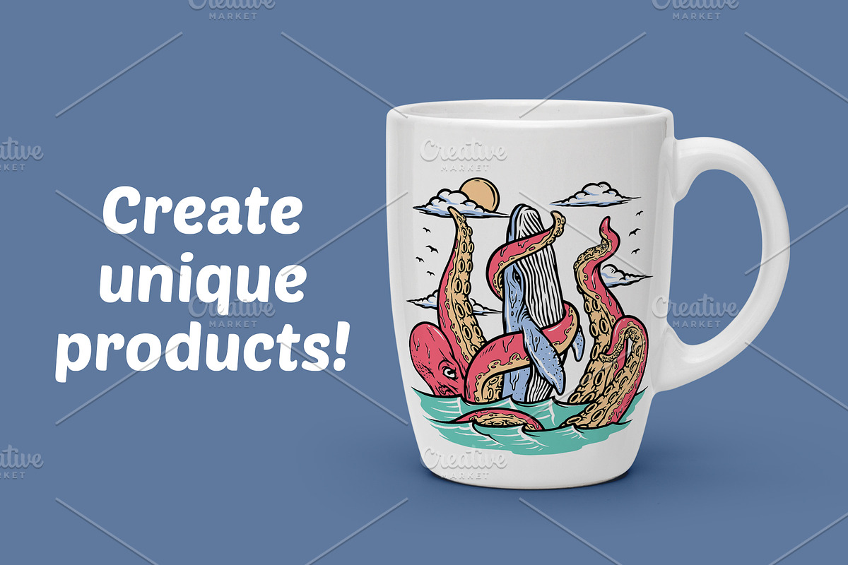 Giant octopus attacks whales, an Animal Illustration by gunaonedesign (Photo 2 of 4)